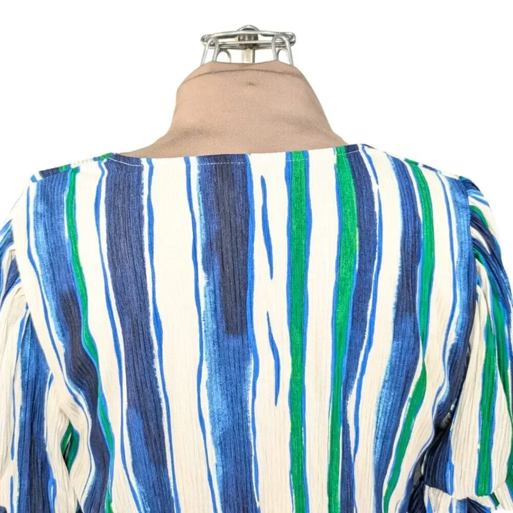 Chico's 2 (Large) Blue Green Stripe V-Neck Pleated Gathered Sleeve Lined Blouse